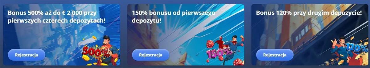 Three casino promotional tiles advertising deposit bonuses: a 500% bonus up to €2,000 for the first four deposits, a 150% bonus on the first deposit, and a 120% bonus on the second deposit, each with illustrated characters and a registration button.