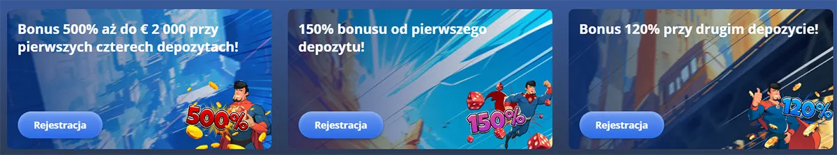Three casino promotional tiles advertising deposit bonuses: a 500% bonus up to €2,000 for the first four deposits, a 150% bonus on the first deposit, and a 120% bonus on the second deposit, each with illustrated characters and a registration button.
