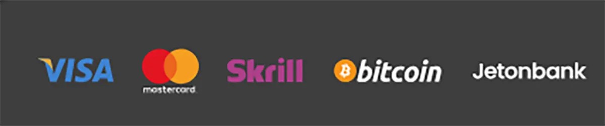 Payment method logos displayed: Visa, Mastercard, Skrill, Bitcoin, and Jetonbank.