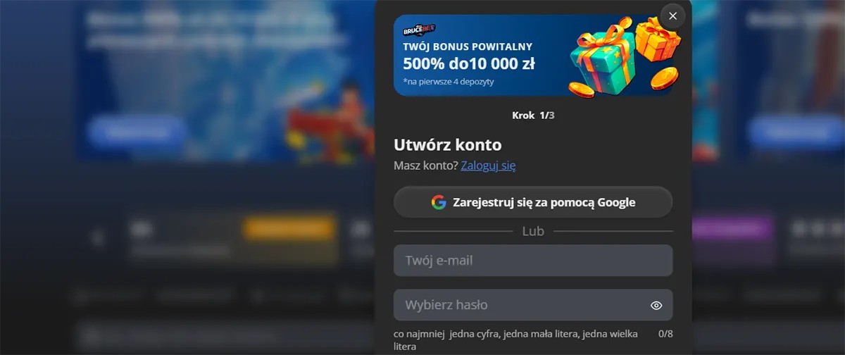 Casino registration popup showing a welcome bonus offer of 500% up to 10,000 PLN for the first four deposits, with gift boxes and coins illustration, step 1 of account creation, Google sign-up option, email and password fields, and a login link.