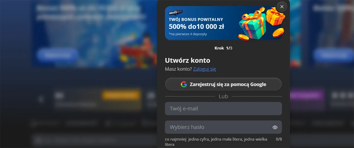 Casino registration popup showing a welcome bonus offer of 500% up to 10,000 PLN for the first four deposits, with gift boxes and coins illustration, step 1 of account creation, Google sign-up option, email and password fields, and a login link.
